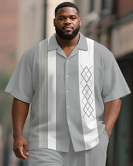 Men's Plus Size Light Gray Stripe Geometric Print Short Sleeve Shirt Trousers Suit