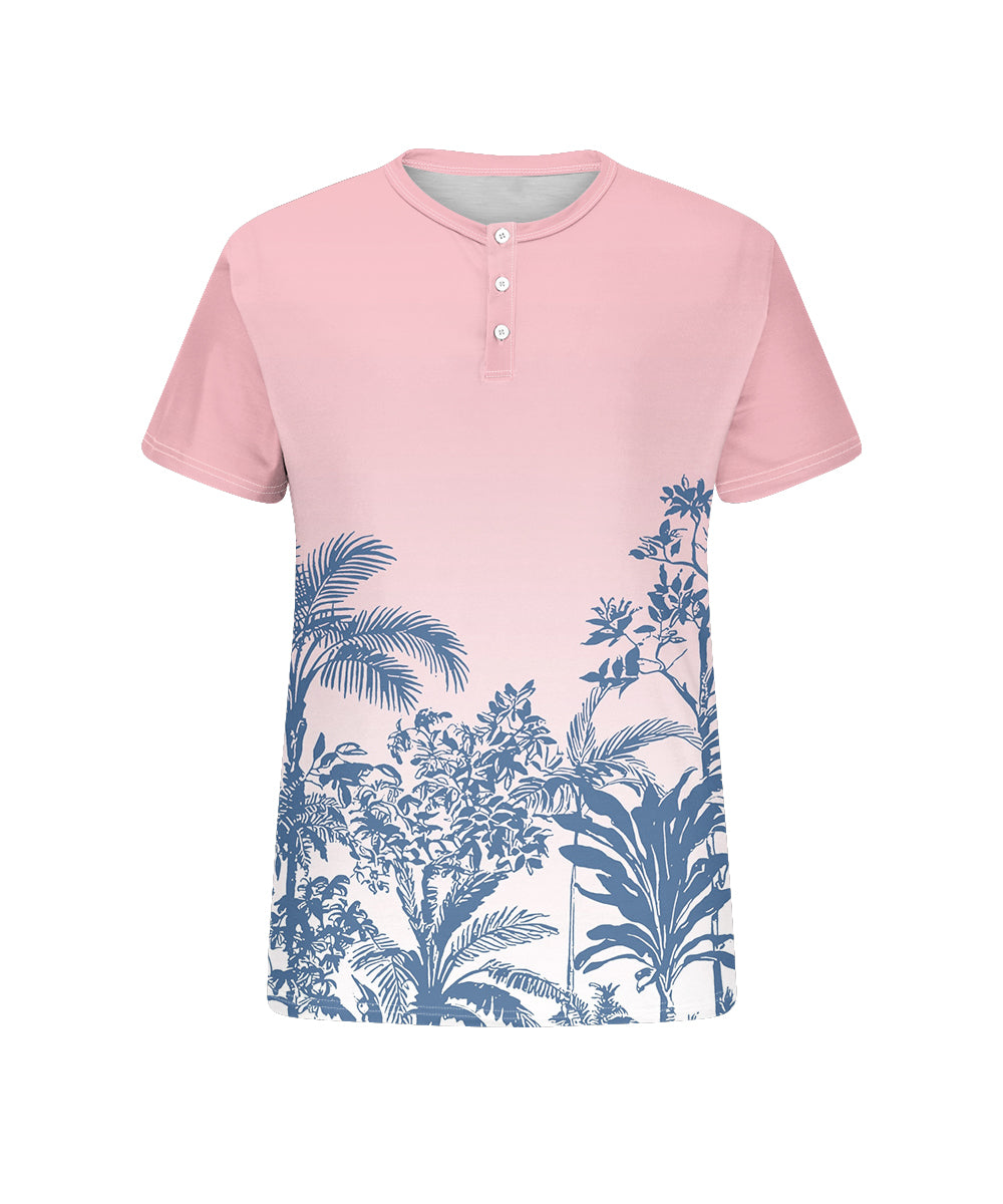 Men's Plus Size Daily Casual Pink Gradient Coconut Tree Print Henry Collar Button Short Sleeve T-Shirt