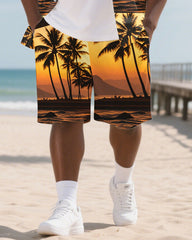 Big Men's Seaside Sunset Romantic Hawaiian Theme 2-Piece Short Sleeve Shirt Shorts Suits