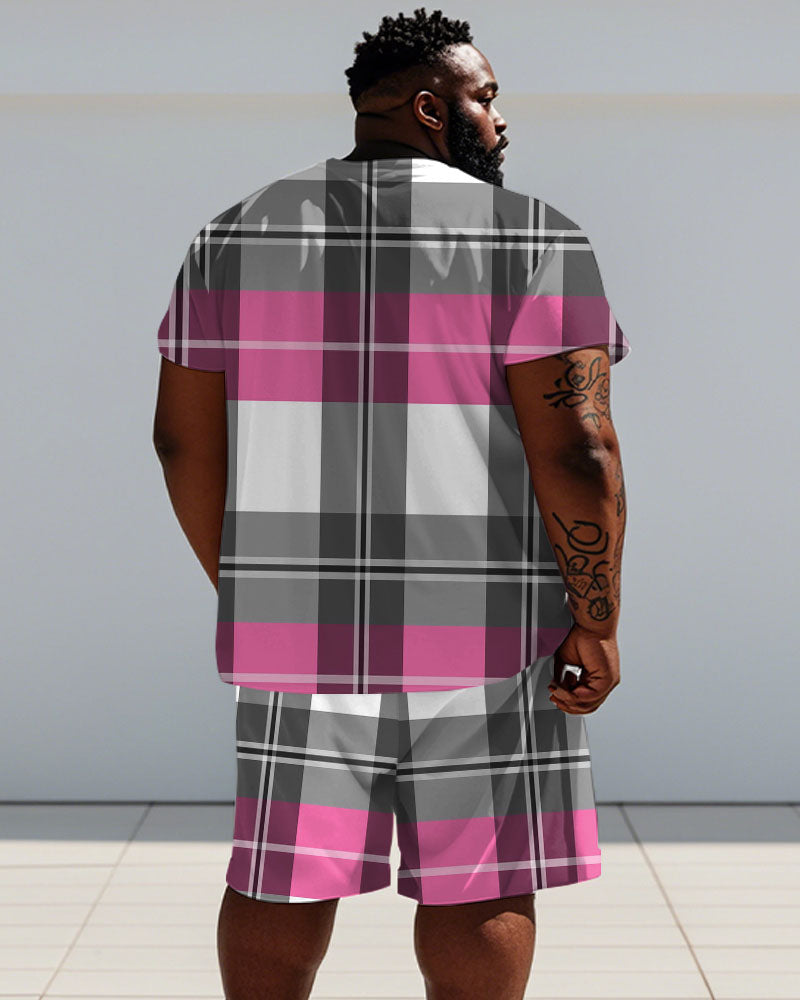 Men's Plus Size Street Pink Plaid Print Short Sleeve T-Shirt Shorts Suit
