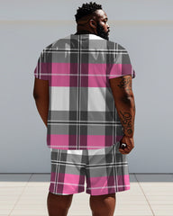Men's Plus Size Street Pink Plaid Print Short Sleeve T-Shirt Shorts Suit