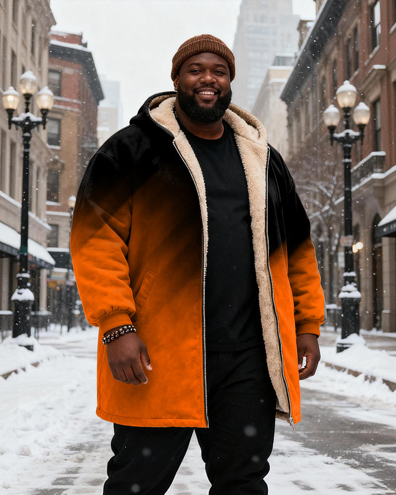 Big & Tall Men's Black And Red Gradient Printed Velvet Padded Long Hooded Coat