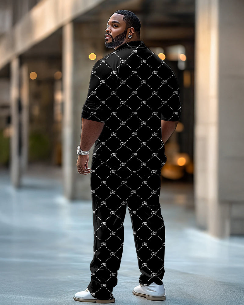 Big & Tall Men's Business Black COOL MAN Alphabet Print Long Sleeve Shirt Trousers Suit