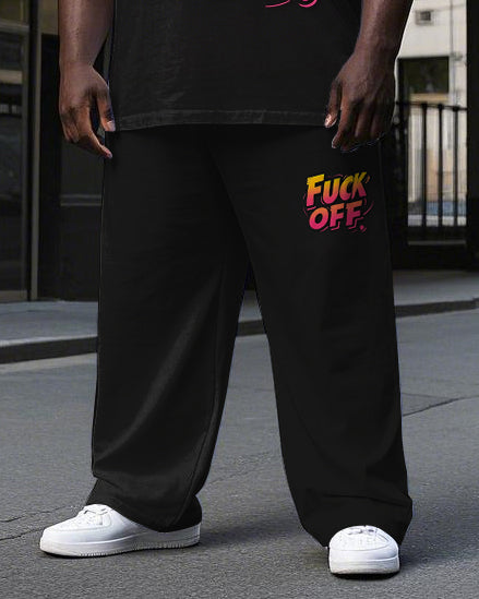 Men's Big Size Simple Gradient FUCK OFF Letter Printed Short Sleeve T-shirt Pants Set