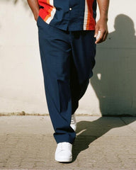 Big & Tall Men's Business Blue Colorblock Stripe Printed Pocket Short Sleeve Shirt Trousers Suit