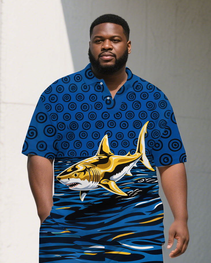 Big Guy's Artistic Shark Turbine Cartoon Printed Casual Short-Sleeve Polo Shirt & Shorts Set