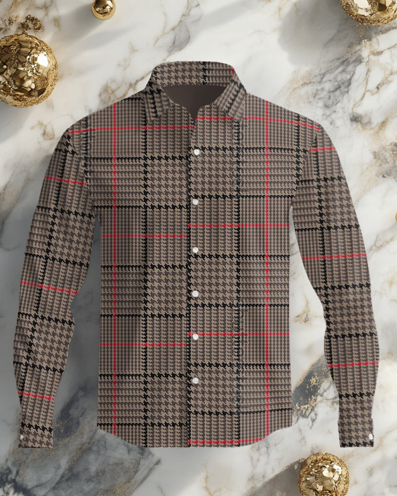 Men's Plus Size Ethnic Style Fine Check Lapel Long Sleeve Shirt