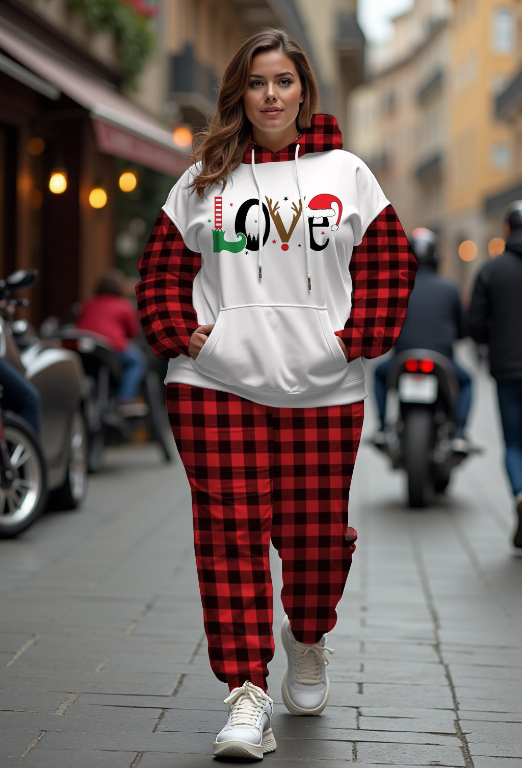 Couple Matching Plus Size Christmas Love Plaid Hoodie Sweatpants Set