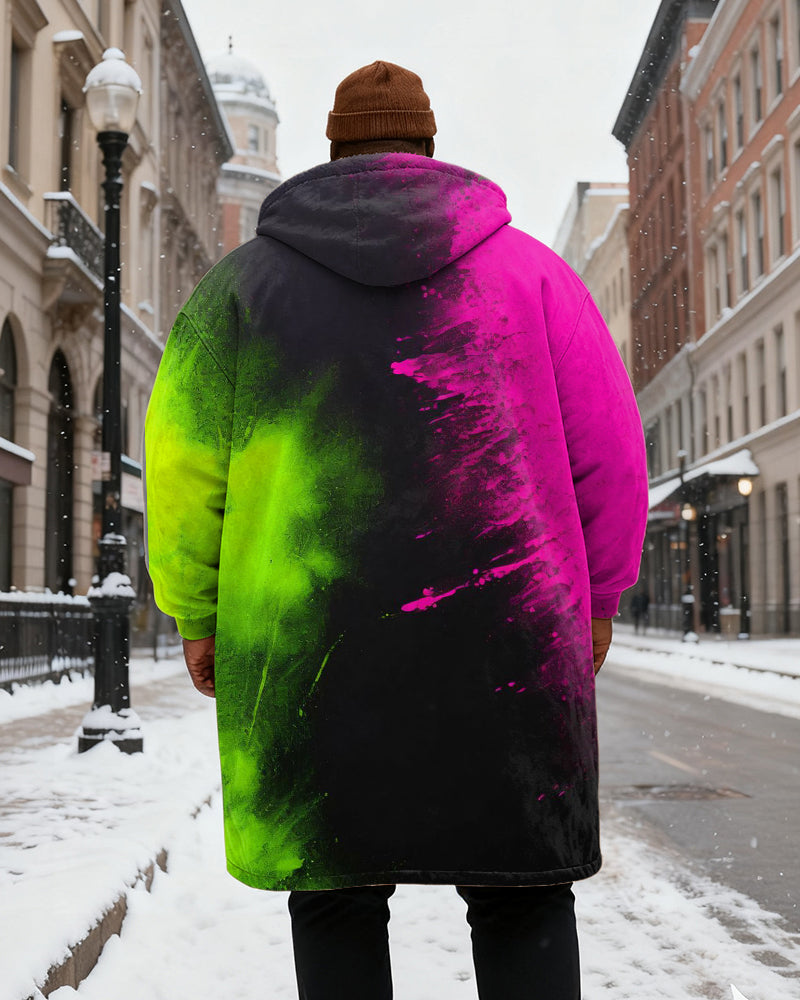 Big & Tall Men's Pink Green Gradient Printed Velvet Thickened Long Hooded Coat