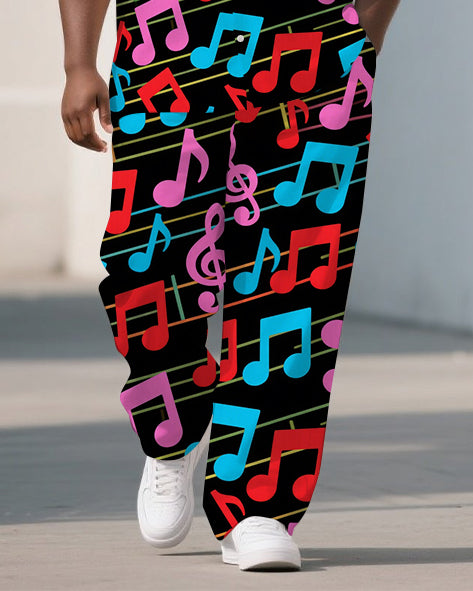 Men's Big Size Casual Cartoon World Musical Note Printed Short-Sleeve Shirt Pants Sets