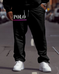 Big Men's Casual Simple Black POLO Letter Print Sweatshirt Two-Piece Set