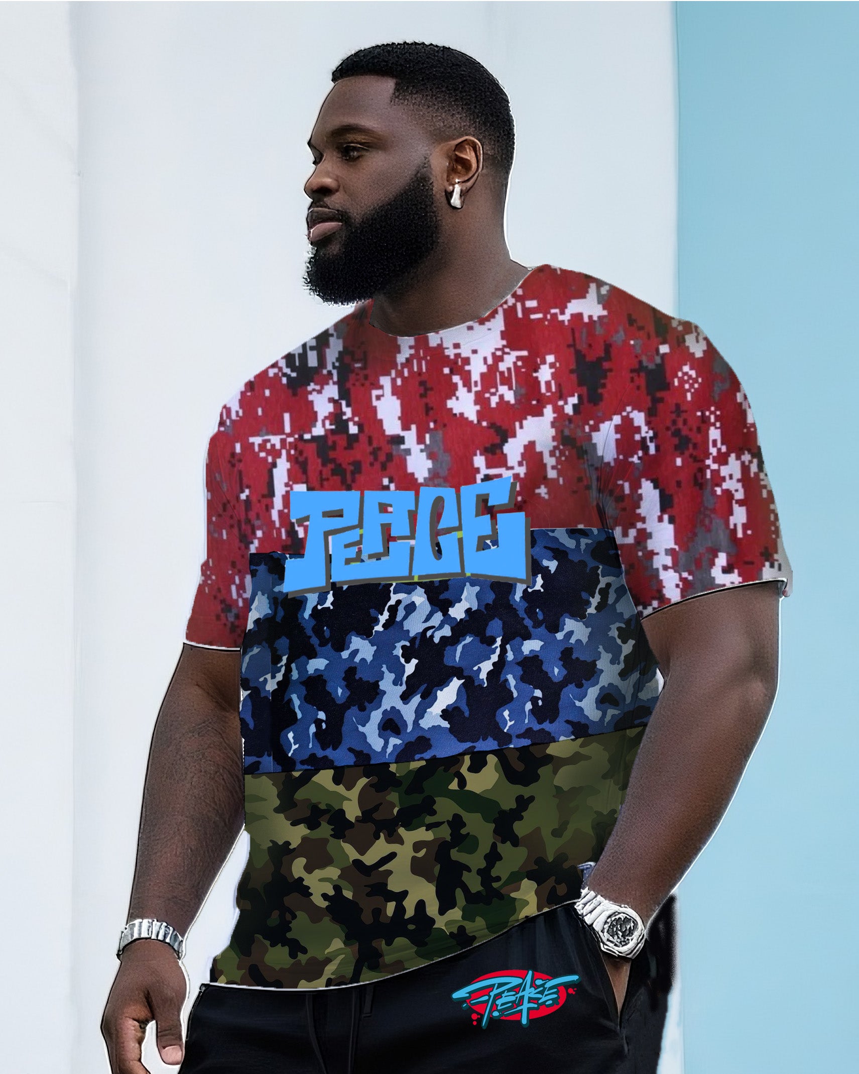 Big & Tall Men's Street Fashion Creative Three Color Camouflage Stitching Printing Peace Creative Design Crewneck T-shirt Shorts Suit