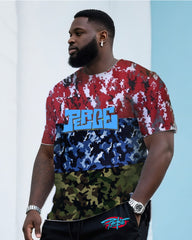 Big & Tall Men's Street Fashion Creative Three Color Camouflage Stitching Printing Peace Creative Design Crewneck T-shirt Shorts Suit