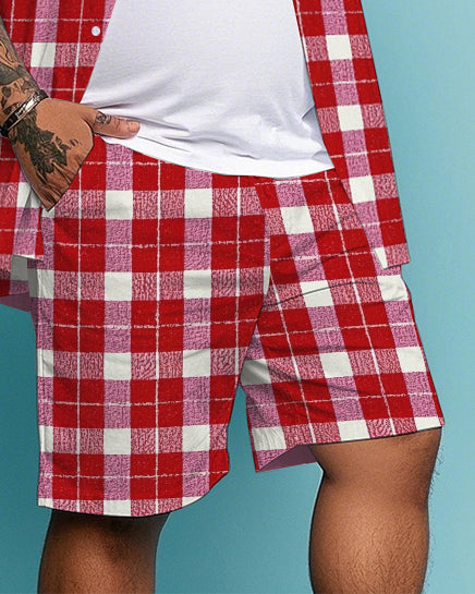 Men's Business Casual Red & White Plaid Printed Big Size Short Sleeve Shirt and Shorts Set
