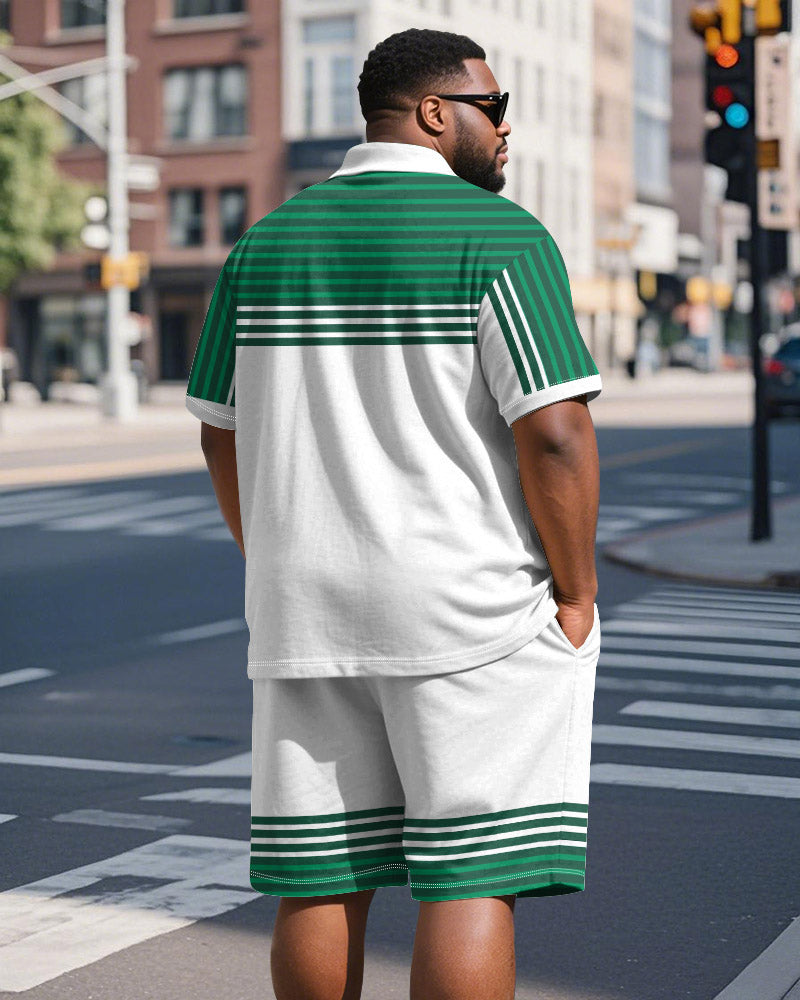 Men's Plus Size Business Green Gradient Stripe Print Short Sleeve Polo Shirt Shorts Suit