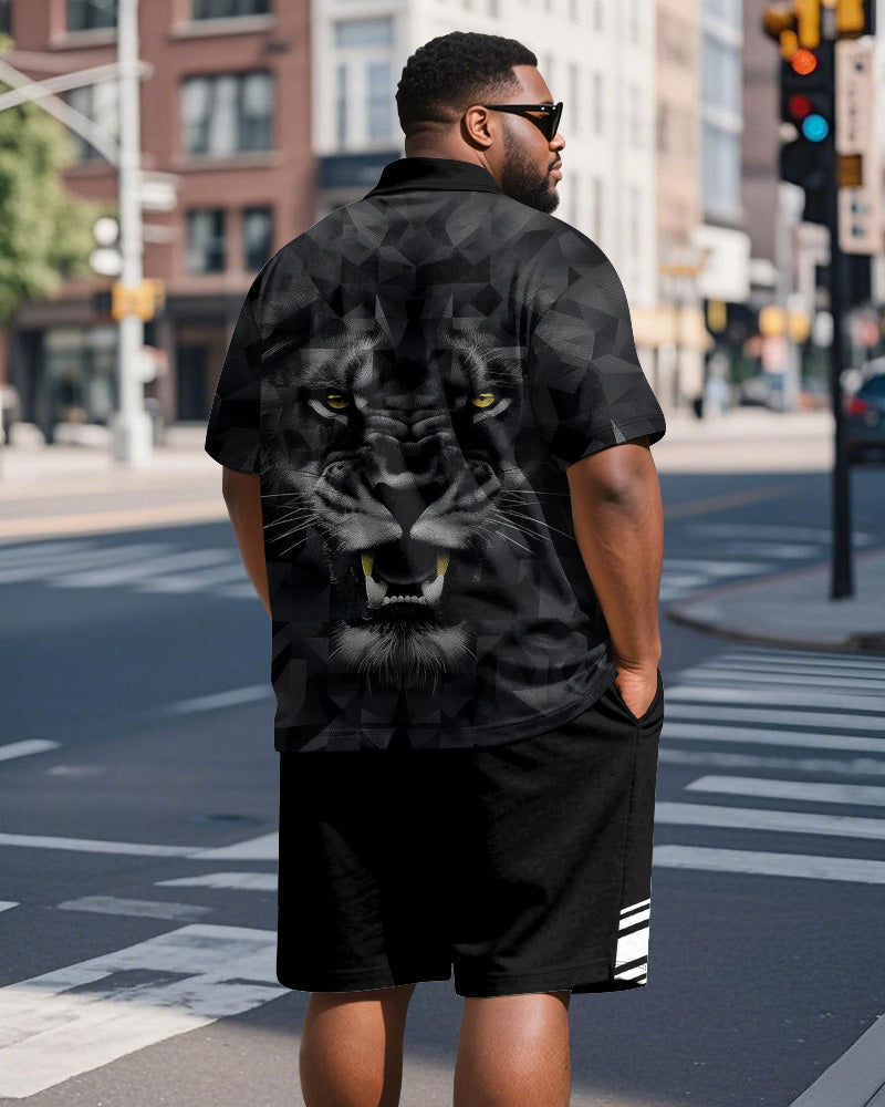 Big & Tall Men's Business Black Tiger Graffiti Stripe Print Short Sleeve Polo Shirt Shorts Suit
