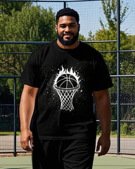 Big Men's Simple Fire Basketball Silhouette Printed Casual Short Sleeve T-shirt Pants Set