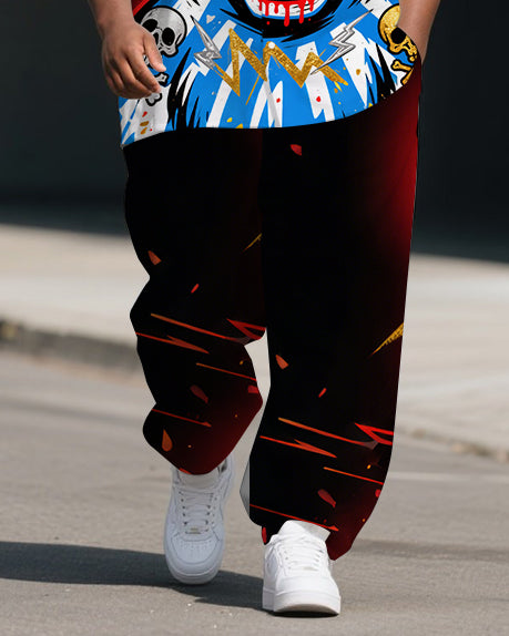 Men's Big Size Fashion Anime Angry Bear Gradient Casual 2-Piece Short Sleeve Shirt Pants Set