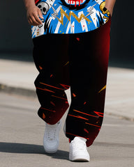Men's Big Size Fashion Anime Angry Bear Gradient Casual 2-Piece Short Sleeve Shirt Pants Set