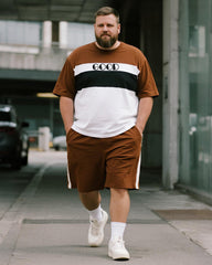 Big & Tall Men's Brown Striped GOOD Letter Print Round Neck Short Sleeve T-Shirt Shorts Suit