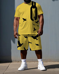 Men's Simple Punk Style Bird and Chain Print Big & Tall Casual Short-Sleeve T-shirt 2-Piece Set