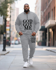 Big & Tall Men's GOD GOT ME Printed POLO Collar Zipper Long Sleeve Pants Two-Piece Set