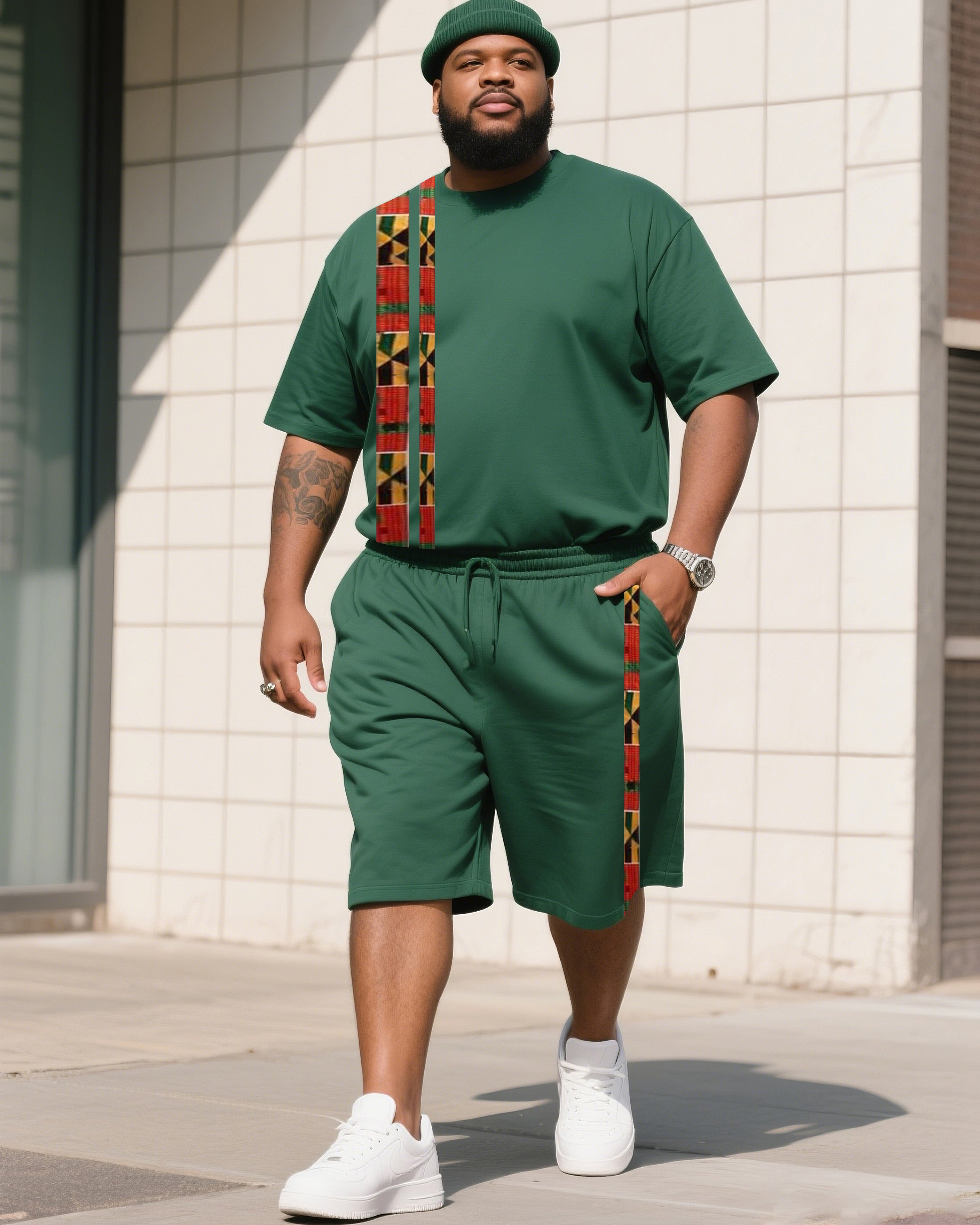 Men's Plus Size Mars Green Creative Striped Cross Print T-Shirt Shorts Suit