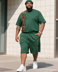 Men's Plus Size Mars Green Creative Striped Cross Print T-Shirt Shorts Suit