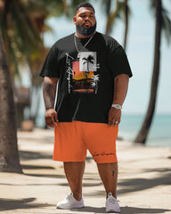 Big Men Hawaiian Coconut Tree Sunset Alphabet Print T-Shirt Shorts Set