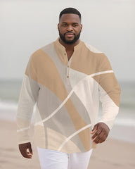 Big & Tall Men's Geometric Colorblock Print Bamboo Hemp Texture Henry Collar Long Sleeve Shirt