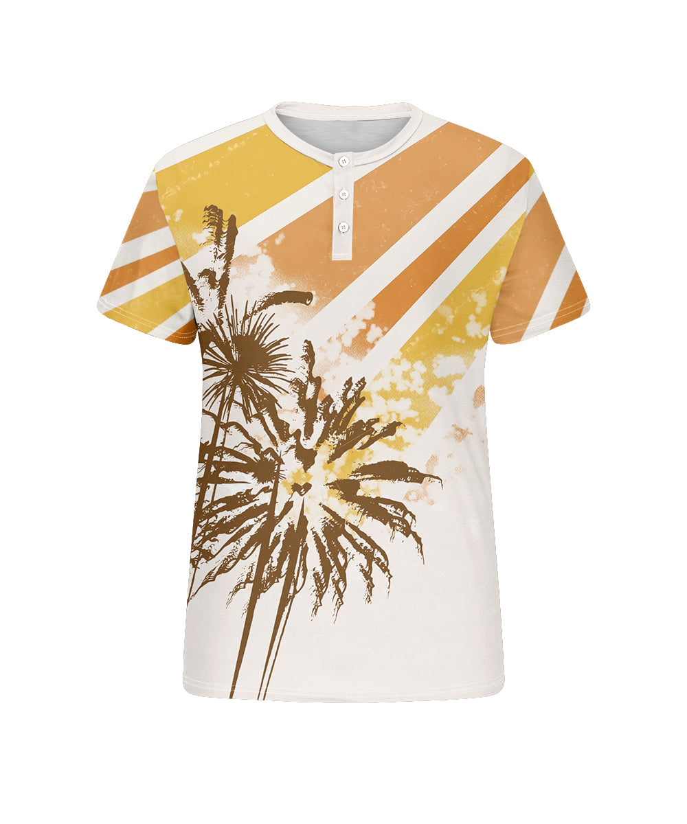 Men's Plus Size Daily Casual Yellow Striped Coconut Tree Print Henley Collar Button Short Sleeve T-Shirt