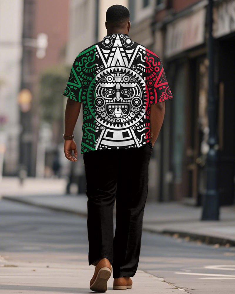 Men's Plus Size Green White Red Aztec Ethnic Style Printed Short Sleeve Shirt Trousers Suit