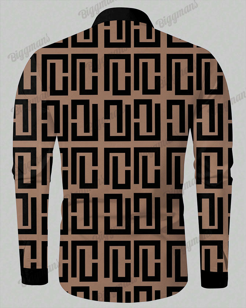 Men's Plus Size Black Colorblock Khaki Geometric Calm Print Long Sleeve Shirt Trousers Suit