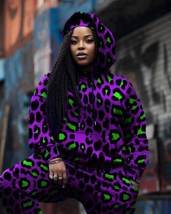 Women's Plus Size Purple Color Block Leopard Print Hoodie Set