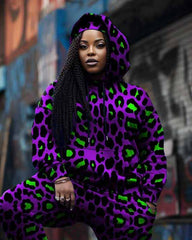 Women's Plus Size Purple Color Block Leopard Print Hoodie Set