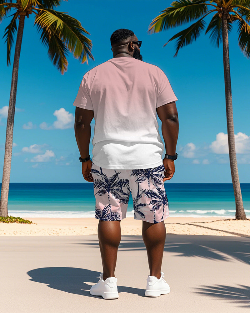 Big & Tall Men's Hawaiian Pink Coconut Print Round Neck Short Sleeve T-Shirt Shorts Suit