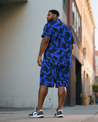 Men's Plus Size Blue Irregular Geometric Print Short Sleeve Shirt Shorts Suit