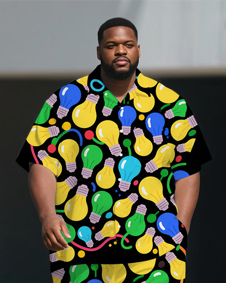 Men's Casual Cartoon World Light Bulb Printed Big & Tall Short-Sleeve Shirt Pants Sets