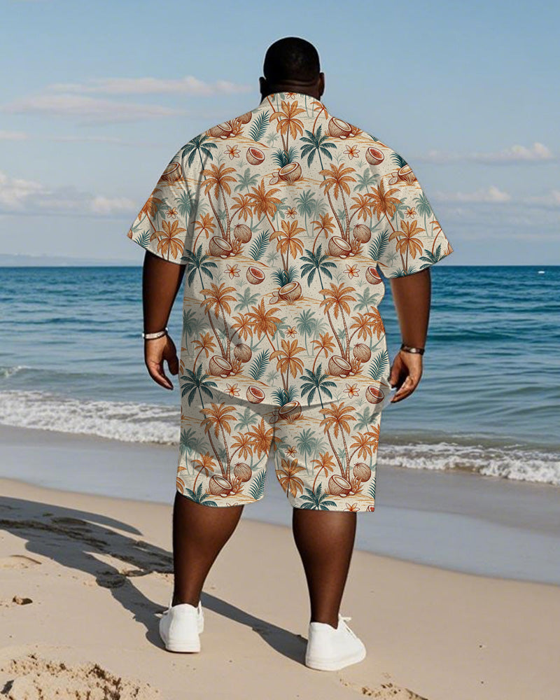 Men's Plus Size Hawaiian Hand Painted Orange Coconut Tree Coconut Print Shirt Shorts Suit