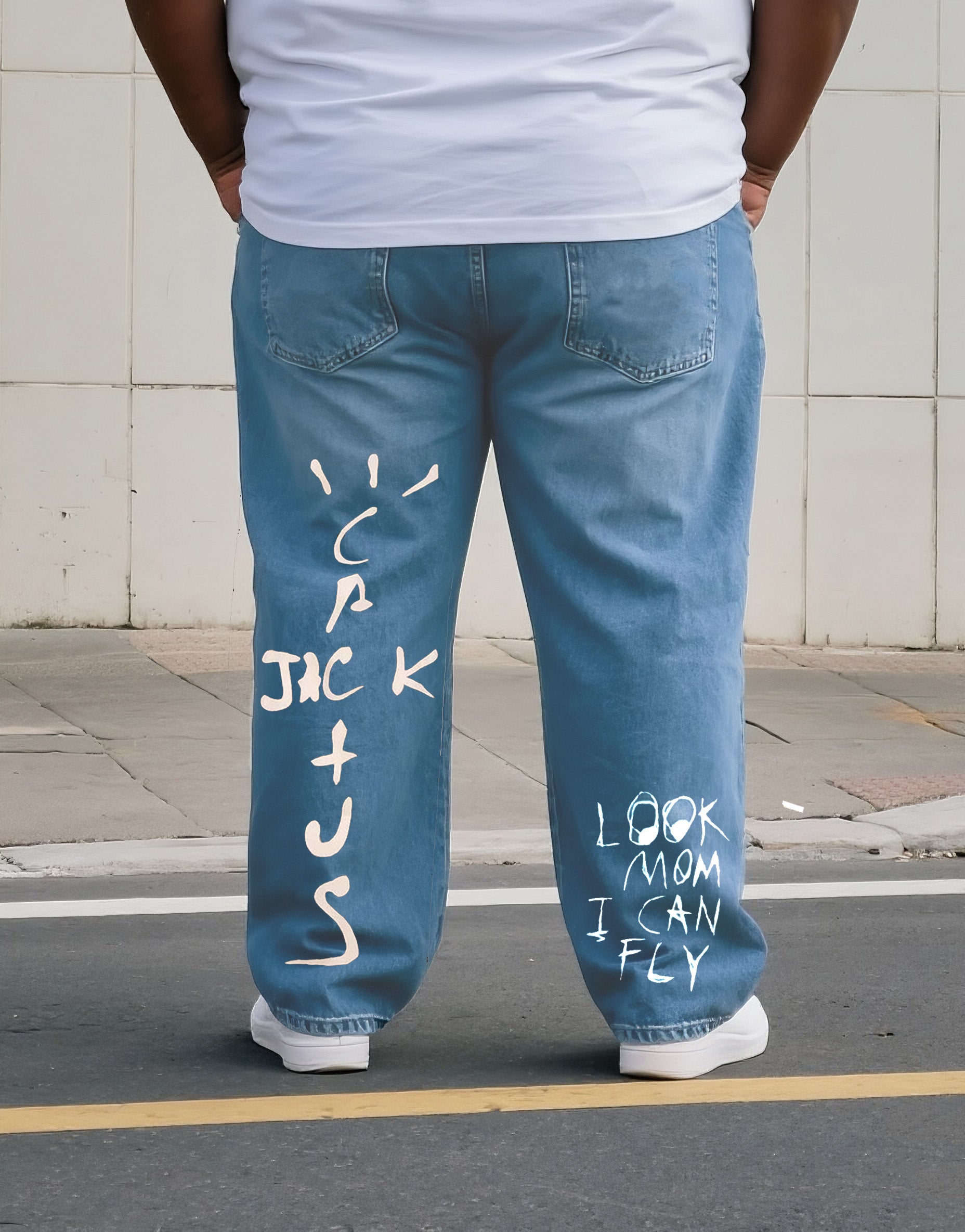 Big & Tall Men's Street Fashion Trend Personality Belief Small Graffiti Letter Printed Denim Trousers. Solid Front