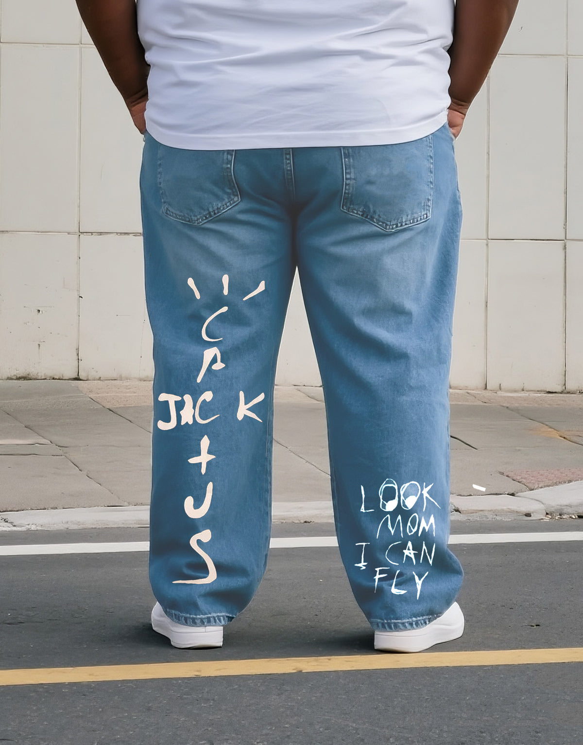 Big & Tall Men's Street Fashion Trend Personality Belief Small Graffiti Letter Printed Denim Trousers. Solid Front