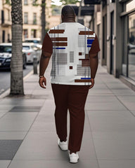 Men's Plus Size Brown Colorblock Stripe Geometric Print Henley Collar T-Shirt Trousers Suit