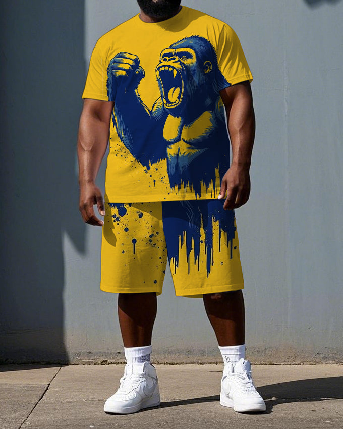 Big & Tall Men's Roaring Fighting Gorillas Printed Short Sleeve T-shirt 2-Piece Set