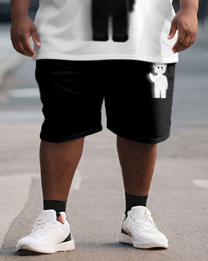 Big & Tall Men's Black And White Fun Graffiti Print Round Neck Short Sleeve T-Shirt Shorts Suit
