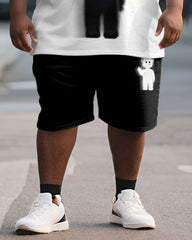 Big & Tall Men's Black And White Fun Graffiti Print Round Neck Short Sleeve T-Shirt Shorts Suit