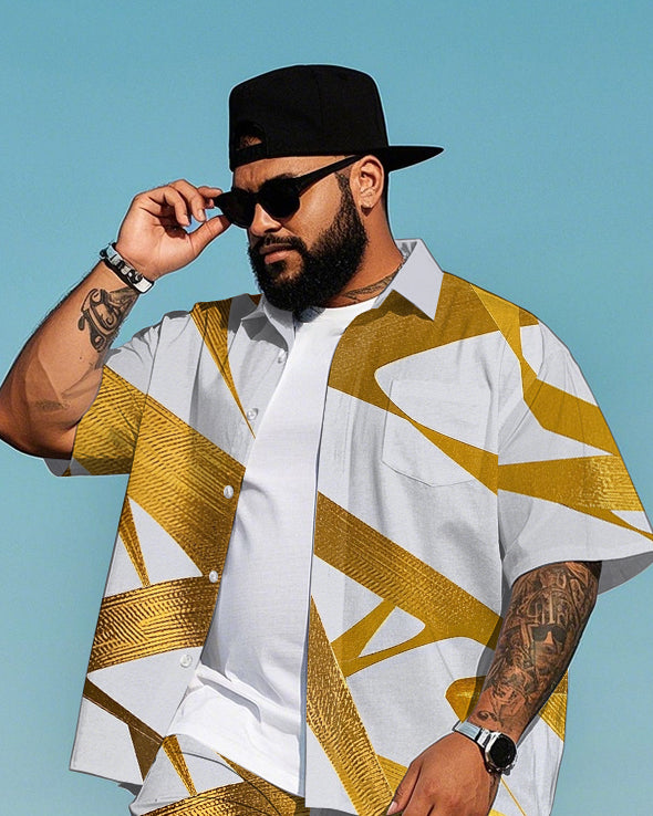 Men's Classic Golden Geometric Pattern Printed Big Size Short Sleeve Shirt and Shorts Set