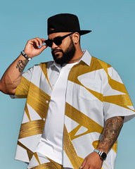 Men's Classic Golden Geometric Pattern Printed Big Size Short Sleeve Shirt and Shorts Set