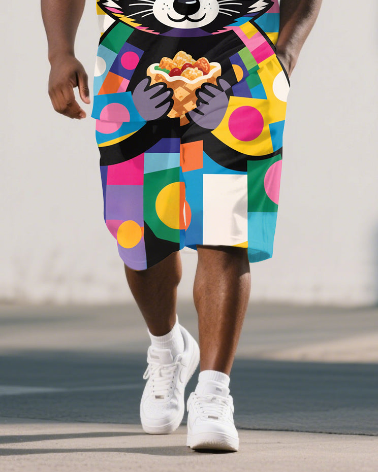 Big Guy's Casual Artistic Geometric Bear Cartoon Printed Short-Sleeve Polo Shirt & Shorts Set