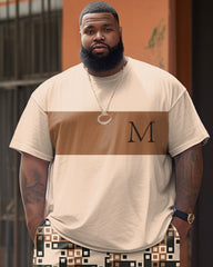 Big Guy's Colorblock Plaid Letter Print T-Shirt and Shorts Set