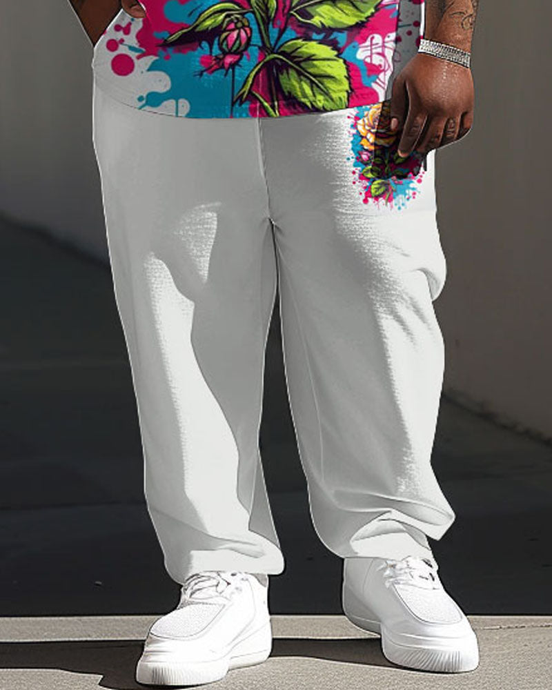 Men's Plus Size Street Fashion Graffiti Rose Print T-Shirt Trousers Suit